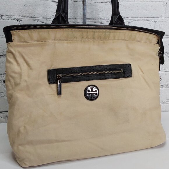 TORY BURCH TOTE BAG LEATHER & NYLON NAVY BLUE DOUBLE SHOULDER STRAPS - Picture 8 of 14